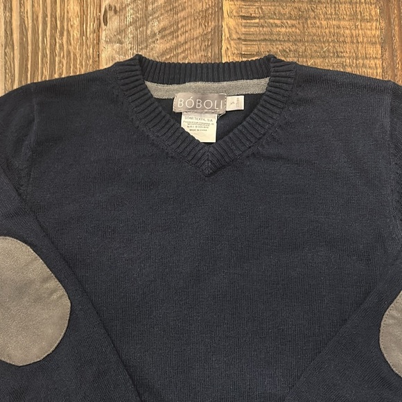 Boboli Navy Blue V- Neck Sweater with Grey Suede Elbow Patches / Boys 5 - Picture 3 of 8